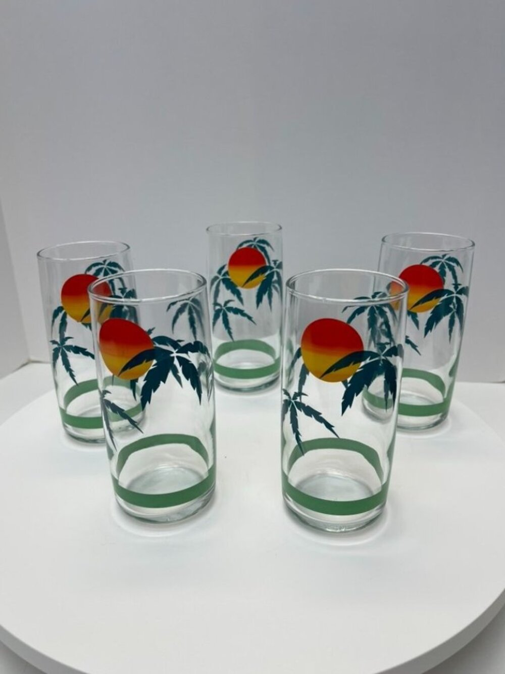 Vintage Tropical Palm Tree Sunset Tall Tumblers Set of 5 - Picture 1 of 6